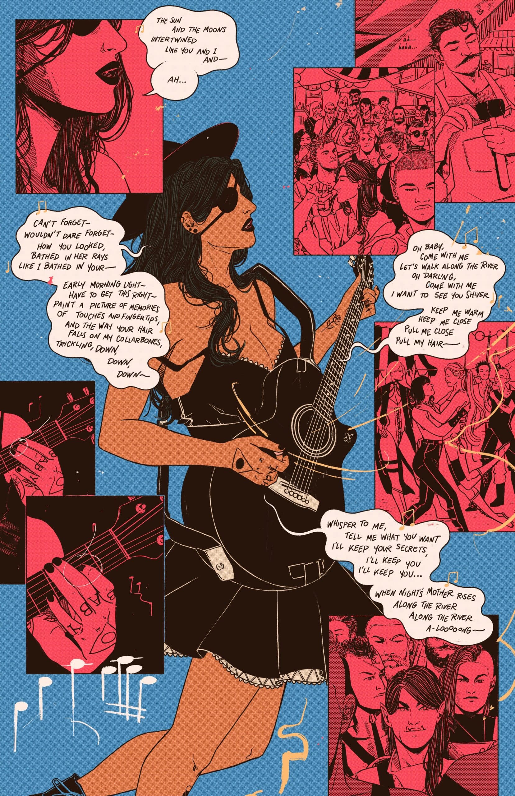 Mel performs for a crowd as a group of armed people watch her.