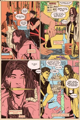 Ser and Rowan go to several shops to prepare for their hunt.